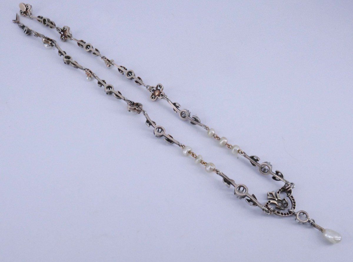 Collier XIX ème Or Argent Diamants Perles Fines-photo-3