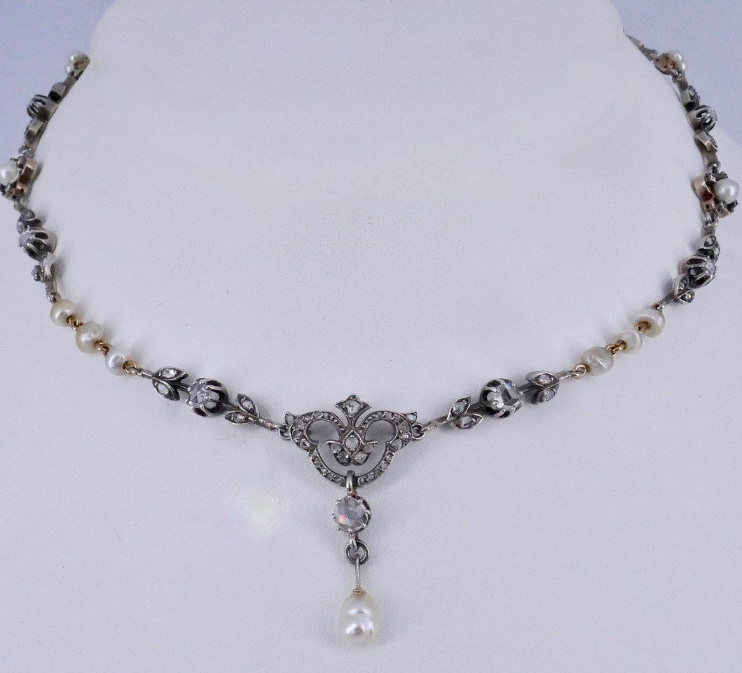 Collier XIX ème Or Argent Diamants Perles Fines-photo-4