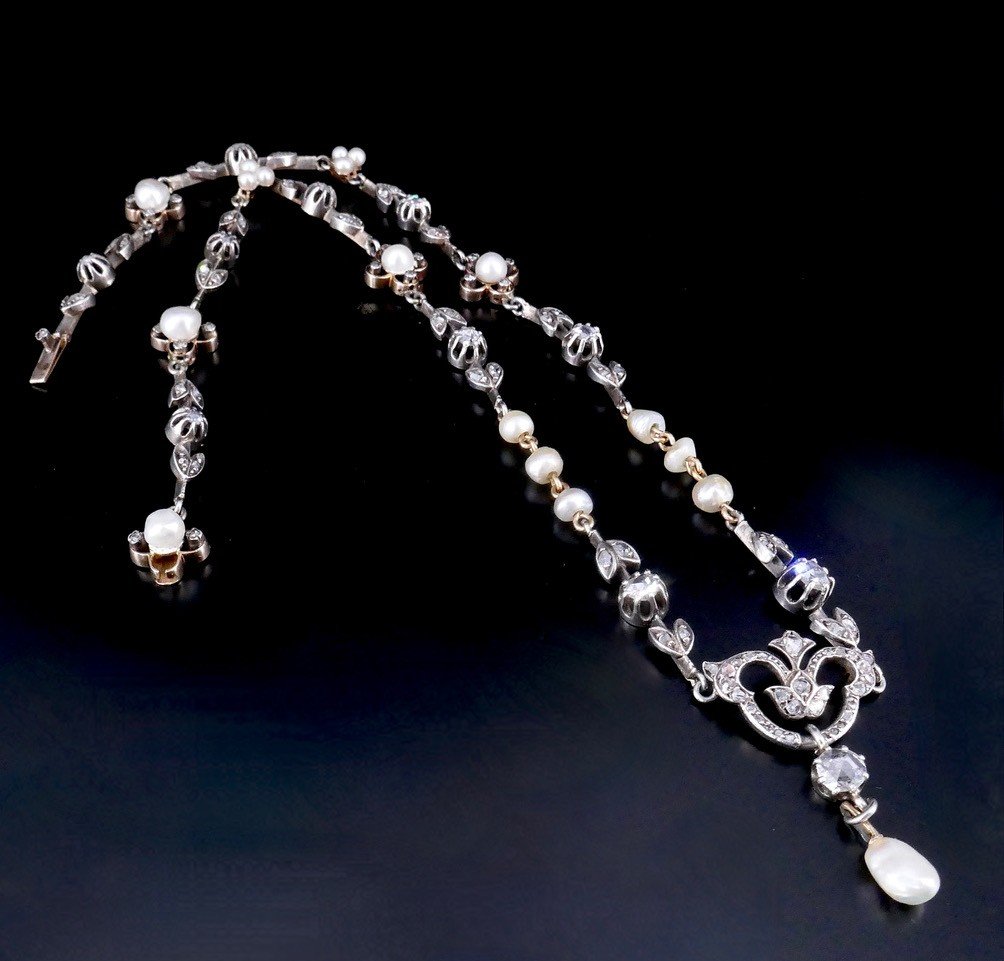 Collier XIX ème Or Argent Diamants Perles Fines