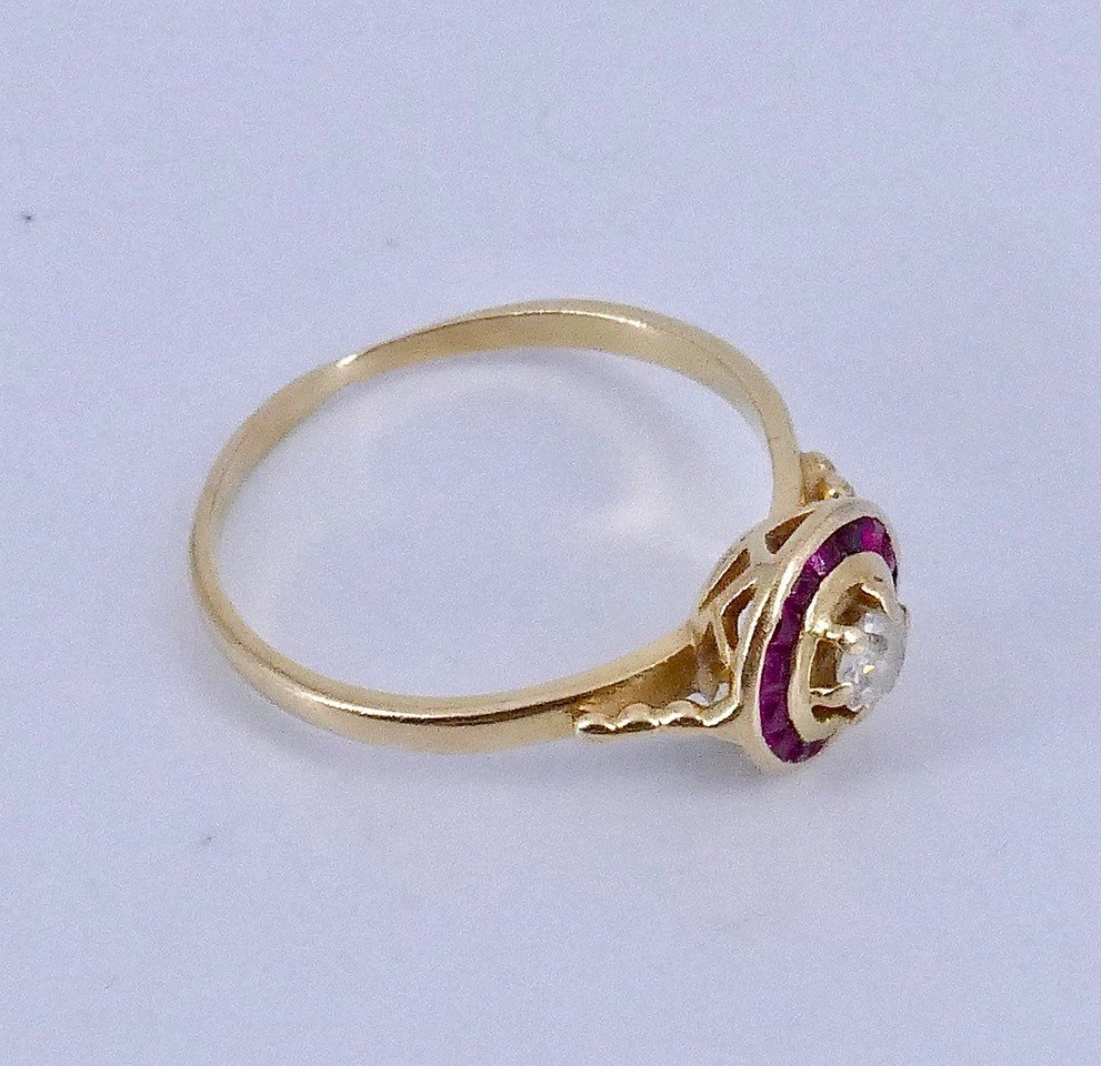 1920 Yellow Gold Diamond Ruby Verneuil Calibrated Ring -photo-1