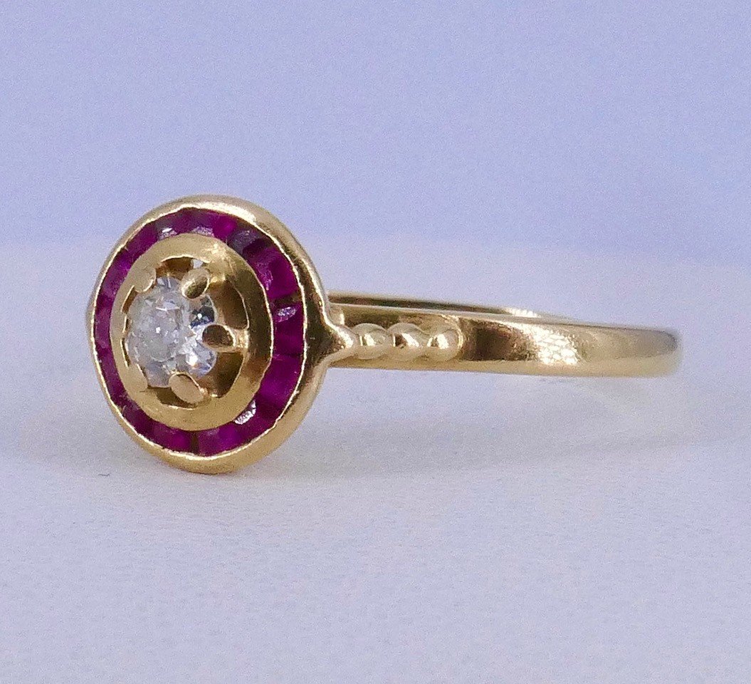 1920 Yellow Gold Diamond Ruby Verneuil Calibrated Ring -photo-2