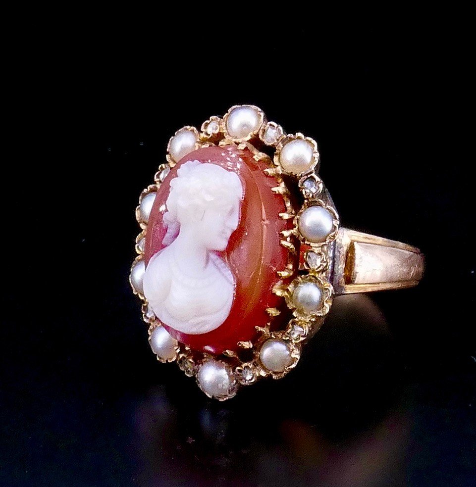 Cameo Ring On Napoleon III Agate Pink Pearls-photo-2