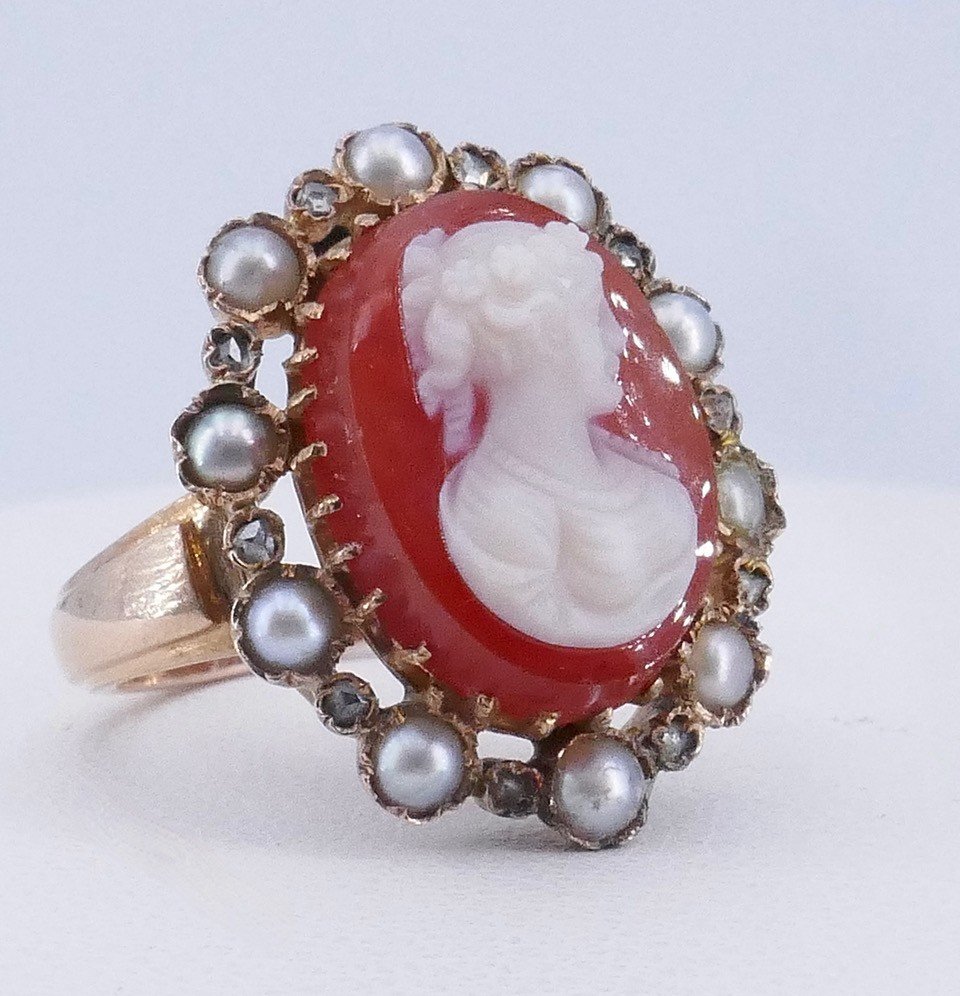 Cameo Ring On Napoleon III Agate Pink Pearls-photo-1