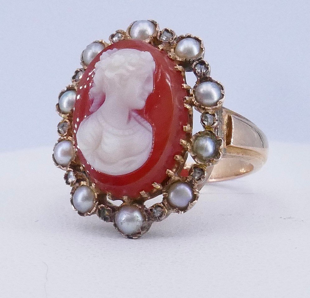 Cameo Ring On Napoleon III Agate Pink Pearls-photo-2