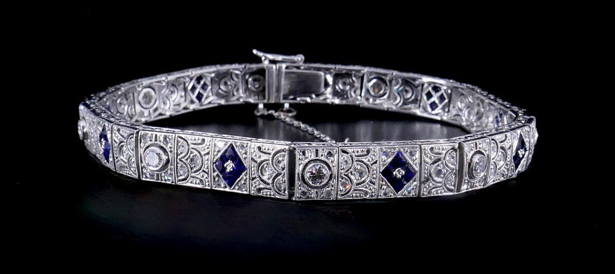 Art Deco Platinum Bracelet Diamonds And Sapphires Verneuil 