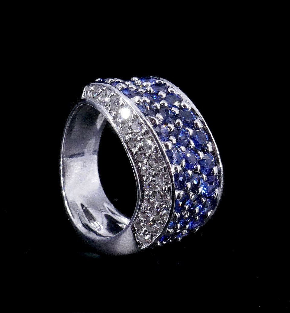 Bague "vague" Or Blanc Diamants Saphirs -photo-2