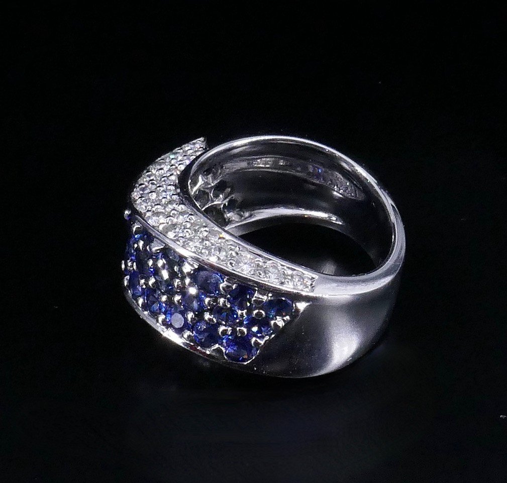 Bague "vague" Or Blanc Diamants Saphirs -photo-4