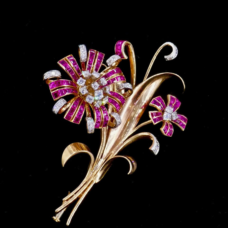 Broche Bouquet De Fleurs Or platine Diamants Rubis Années 50-photo-2