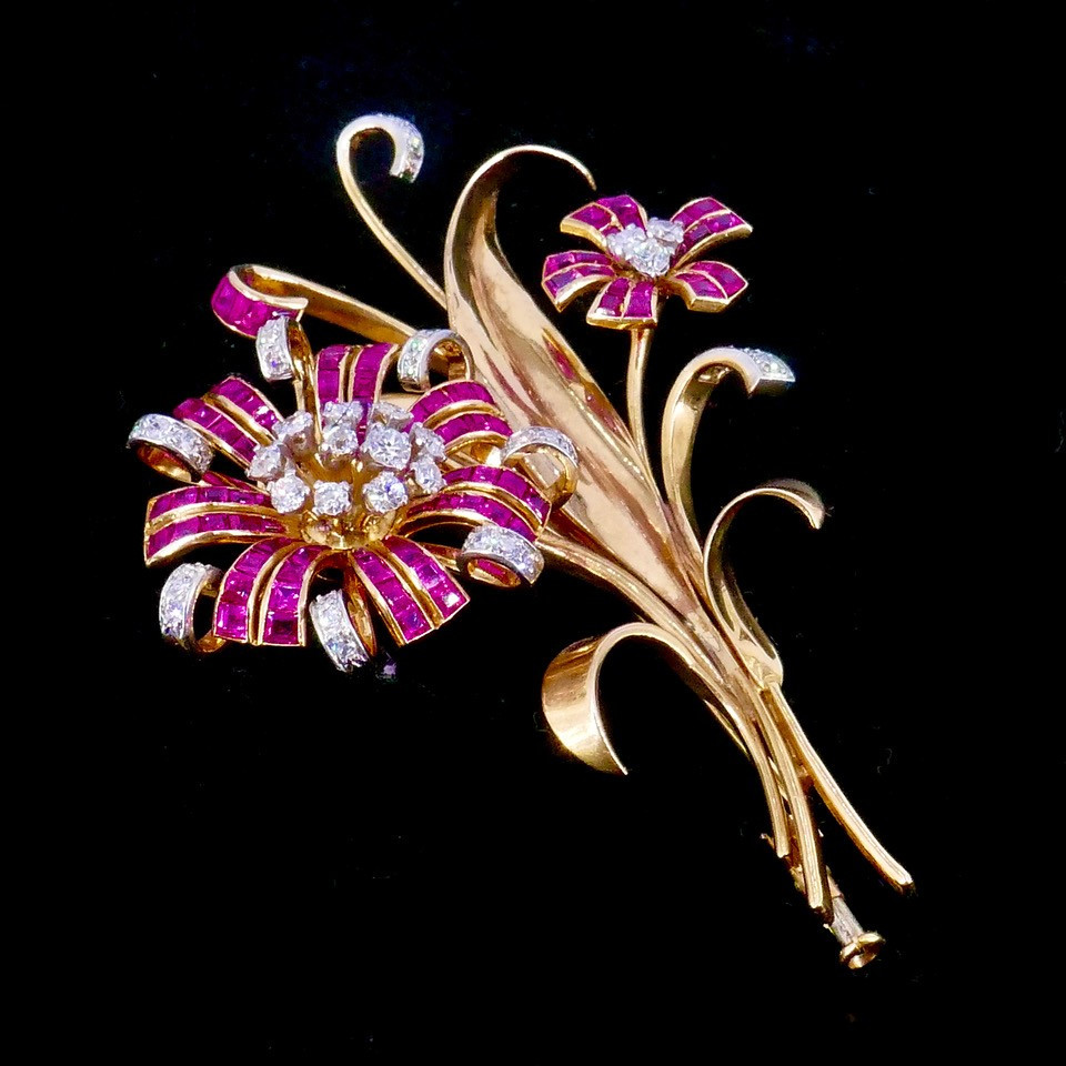 Broche Bouquet De Fleurs Or platine Diamants Rubis Années 50-photo-3