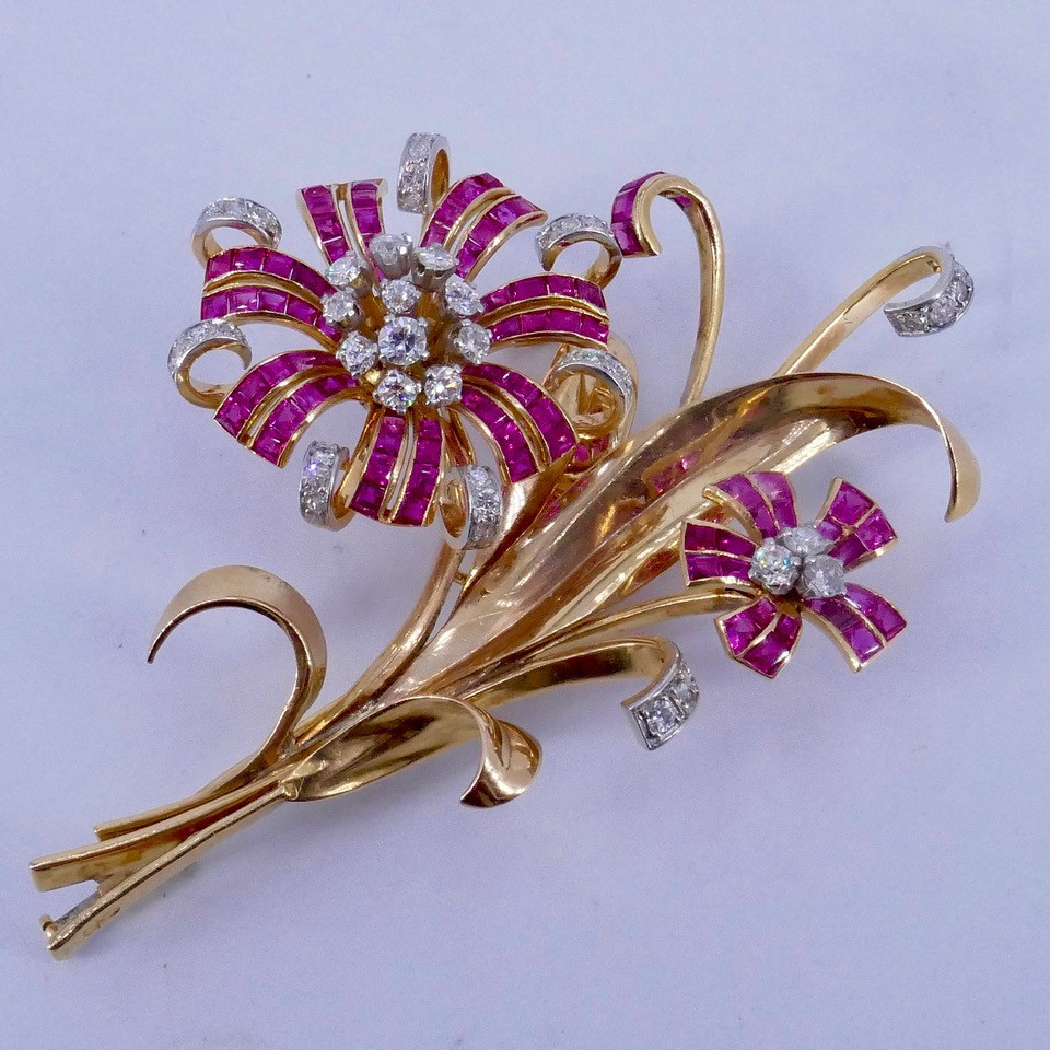 Broche Bouquet De Fleurs Or platine Diamants Rubis Années 50-photo-3