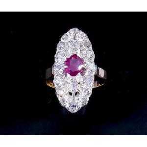Marquise Ring Gold Platinum Diamonds Ruby Late 19th Century 