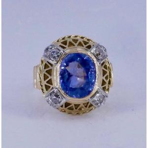 Ring 1950 Ceylon Sapphire Diamonds 