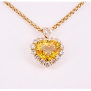 Chopard Gold Necklace, Yellow Sapphire And Diamond Heart Pendant Signed Dubail Paris