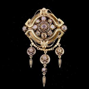 Napoleon III Brooch, Front Of Corsage Gold Diamonds Enamel 