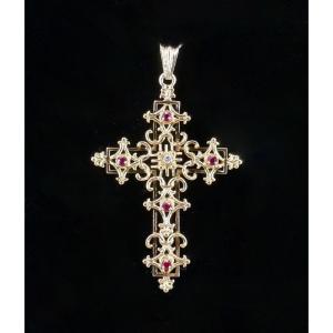 Croix Ancienne Or Rubis Diamant 