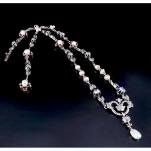 19th Century Gold Silver Diamonds Fine Pearls Necklace