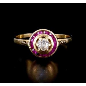 1920 Yellow Gold Diamond Ruby Verneuil Calibrated Ring 