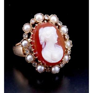 Cameo Ring On Napoleon III Agate Pink Pearls