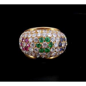 Fred Gold Ring With Emerald Diamonds, Sapphires And Rubies