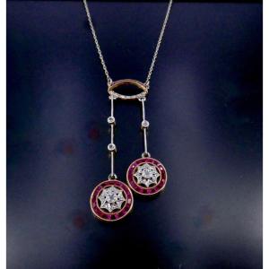 Verneuil Gold Platinum Negligee Necklace With Calibrated Diamonds And Rubies