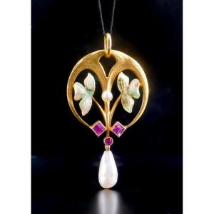 Art Nouveau Pendant With Enamel, Pearls And Red Stones