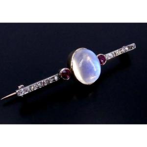 Barrette Brooch Late 19th Century Gold Silver Diamonds Moonstone