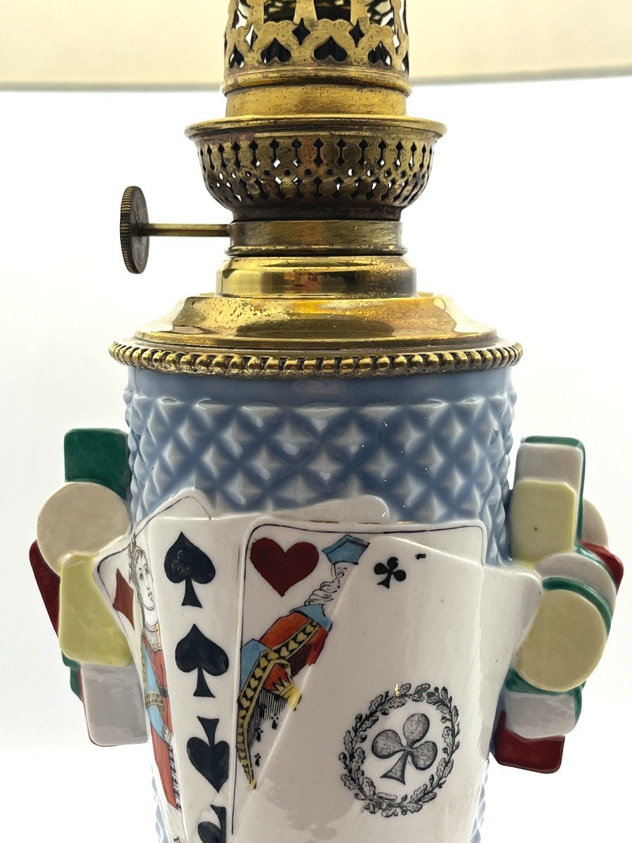 Porcelain Lamp With Card Game Decor. Period Late 19th, Early 20th Century-photo-2