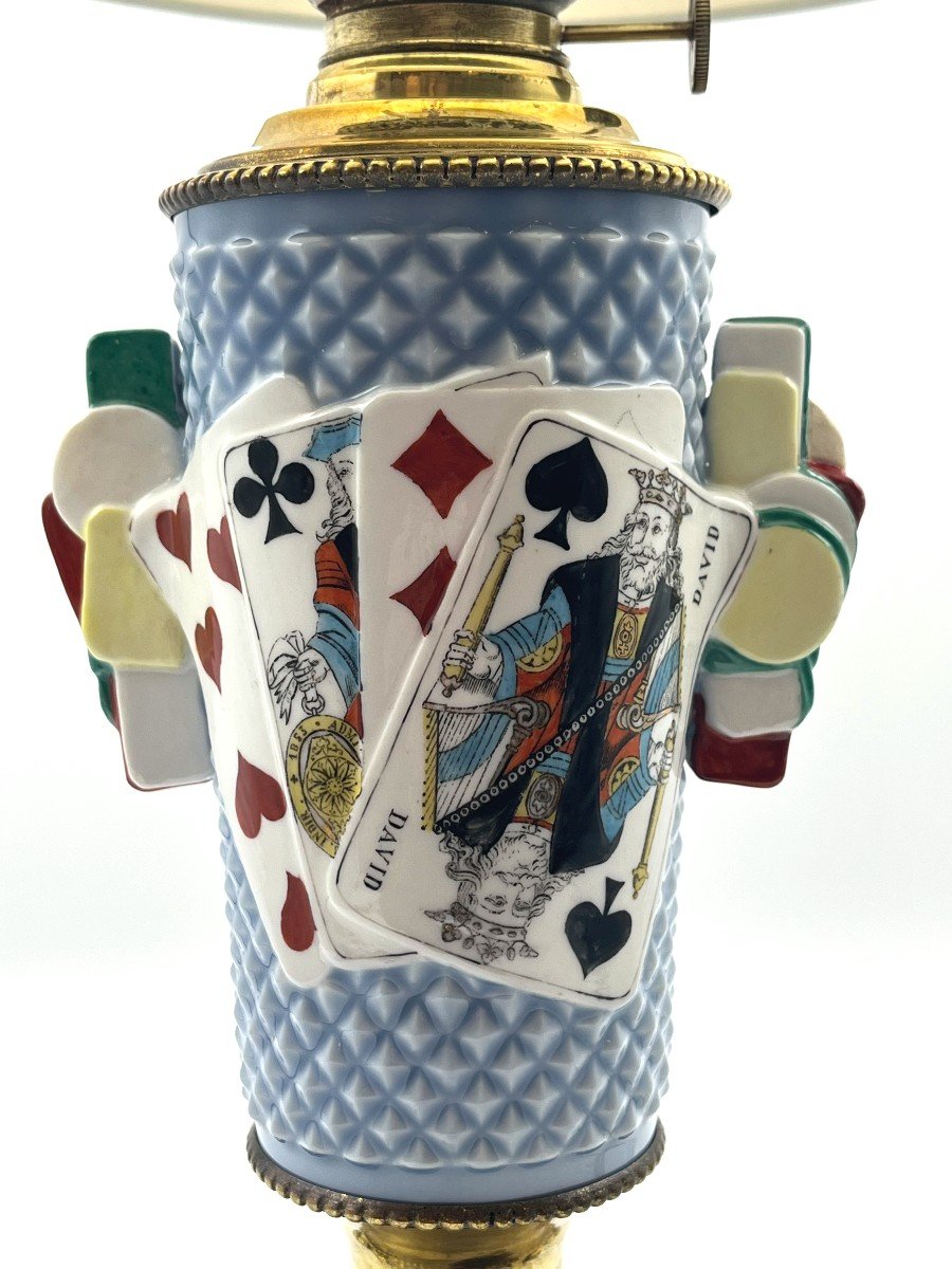 Porcelain Lamp With Card Game Decor. Period Late 19th, Early 20th Century-photo-3