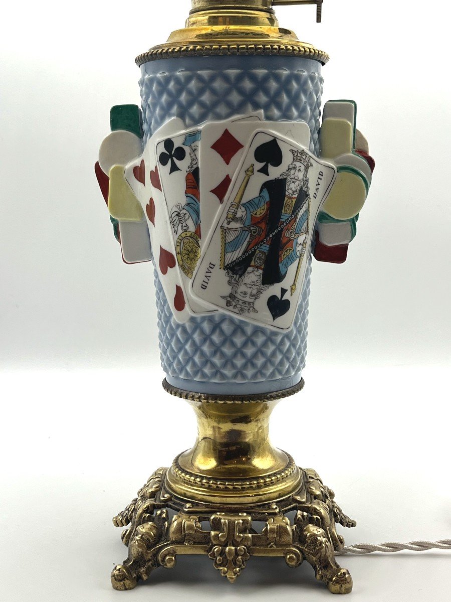 Porcelain Lamp With Card Game Decor. Period Late 19th, Early 20th Century