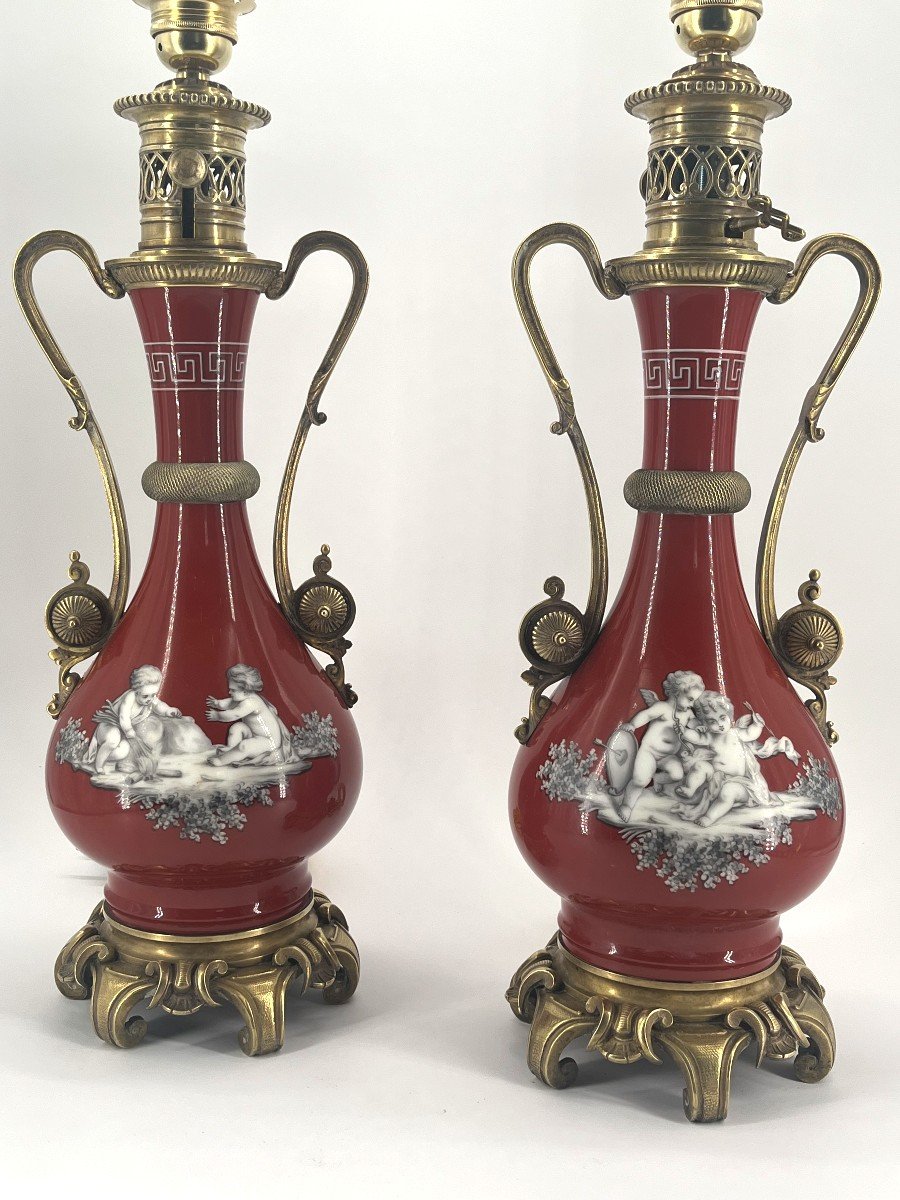 Pair Of Lamps, Decorated With Cherubs In Grisaille. Napoleon III Period