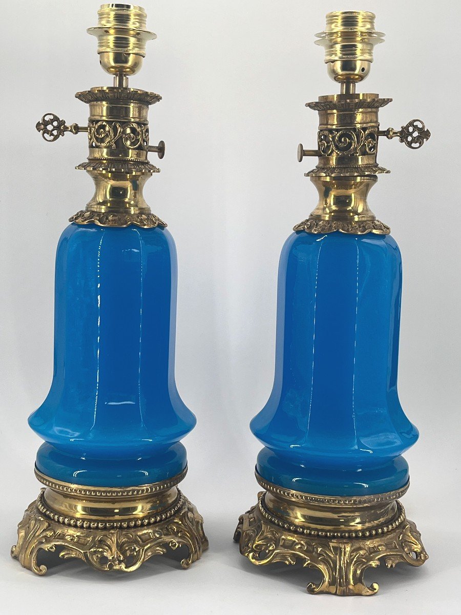 Pair Of Turquoise Opaline Lamps. Late 19th Century Period-photo-2