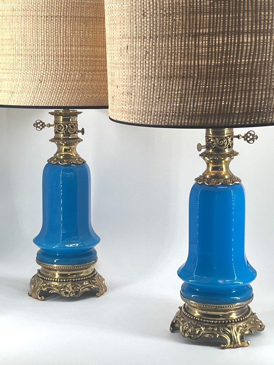 Pair Of Turquoise Opaline Lamps. Late 19th Century Period