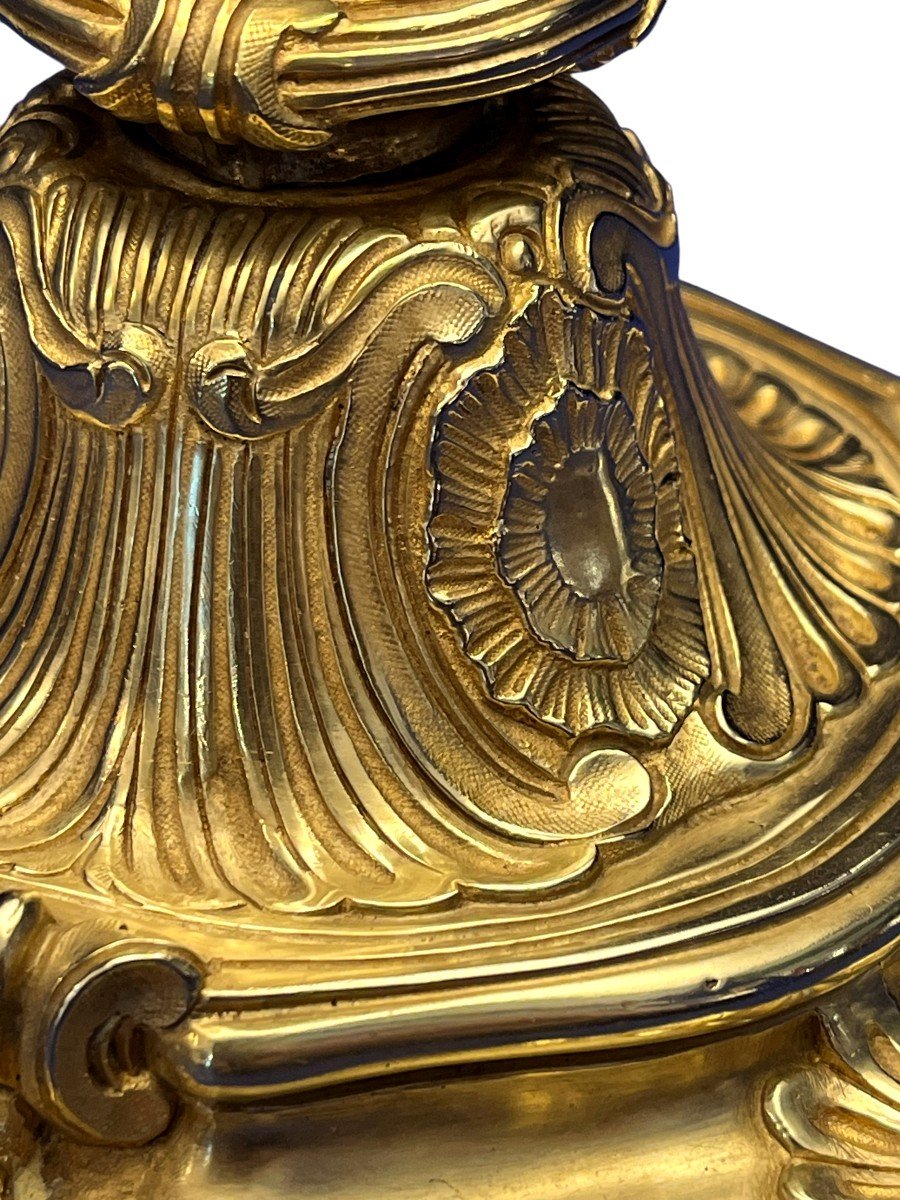 Paire De Flambeaux Montés En Lampes, En Bronze Doré. Style Louis XV. Epoque XIXè Siècle-photo-6