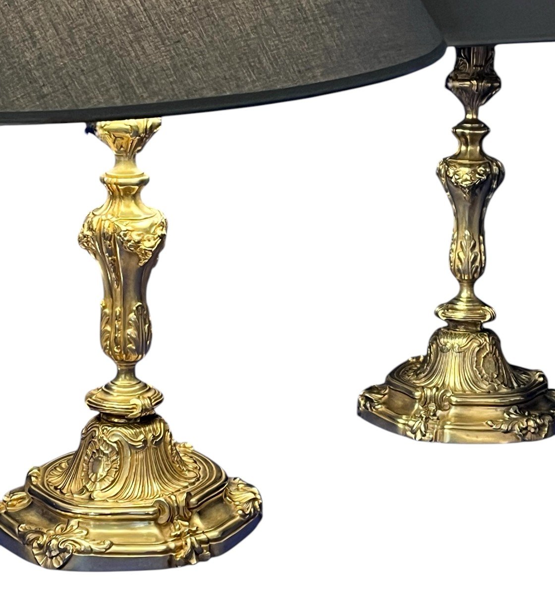 Pair Of Candlesticks Mounted As Lamps, In Gilt Bronze. Louis XV Style. 19th Century Period