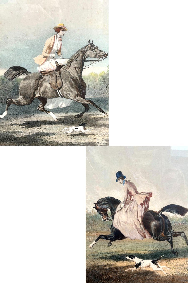 De  Dreux. Deux Lithographies d'Après. " Amazones ", Suite "motifs Equestres"