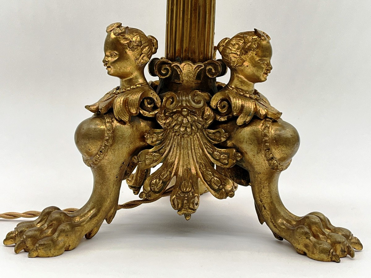 Flambeau Aux Sphinges, In Gilt Bronze. Napoleon III Period. Mounted As A Lamp-photo-2