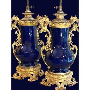 Pair Of Porcelain And Gilt Bronze Lamps. Louis XV Style, Late 19th Century