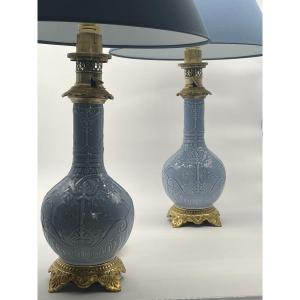 Pair Of Porcelain Lamps. Late 19th Century Period