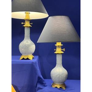 Pair Of Porcelain Lamps. Late 19th Century Period