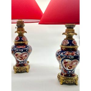 Pair Of Imari Porcelain Lamps. Late 19th Century Period