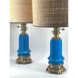 Paire De Lampes En Opaline Turquoise. Epoque Fin XIXè Siècle