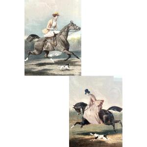 De  Dreux. Deux Lithographies d'Après. " Amazones ", Suite "motifs Equestres"