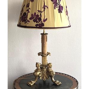 Flambeau Aux Sphinges, In Gilt Bronze. Napoleon III Period. Mounted As A Lamp