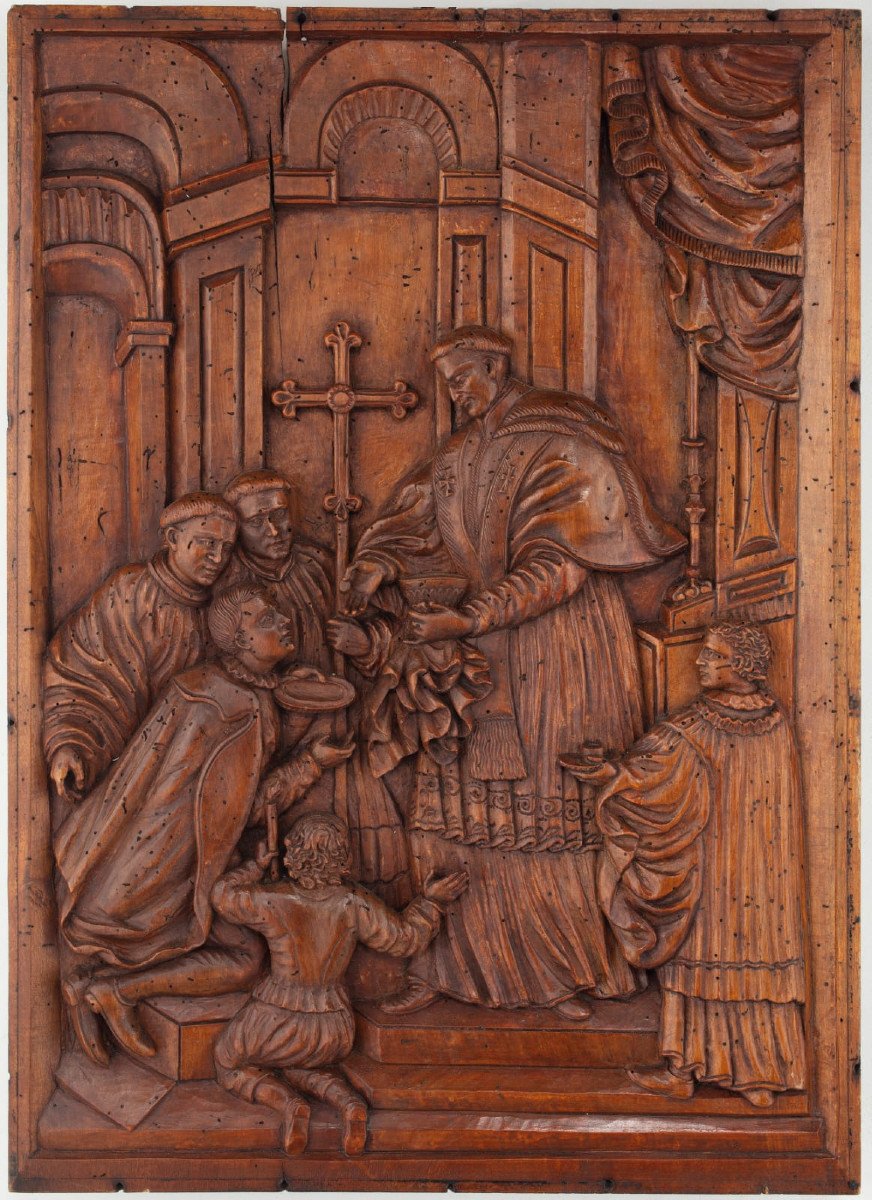 Haut-relief En Bois Sculpté Représentant La Communion De Saint Louis Gonzaga