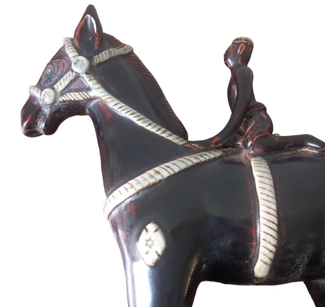 Pair Of Horses With Jockeys In Glazed Ceramic-photo-3