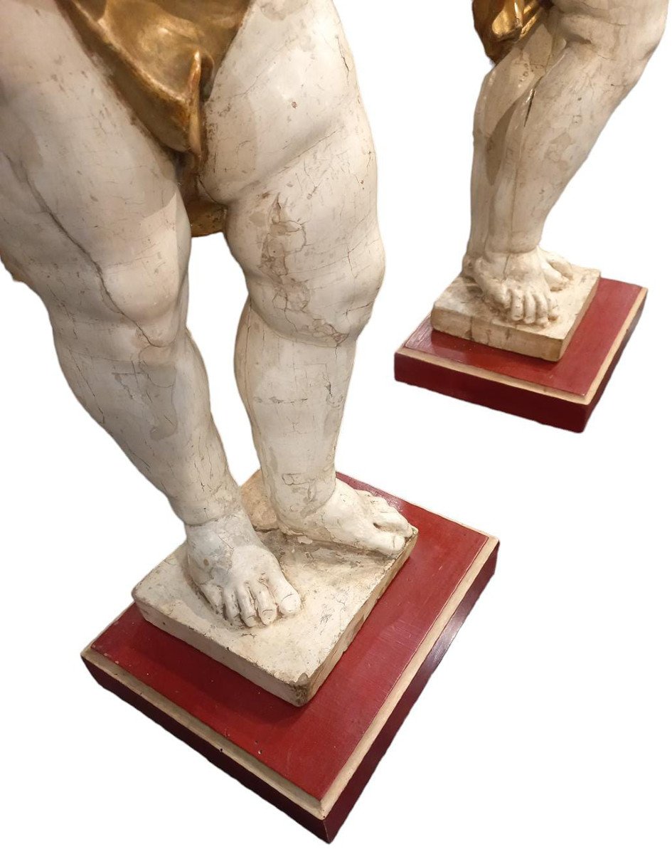 Pair Of Standing Cherubs In "faux Marble" And Gold Lacquered Wood-photo-4