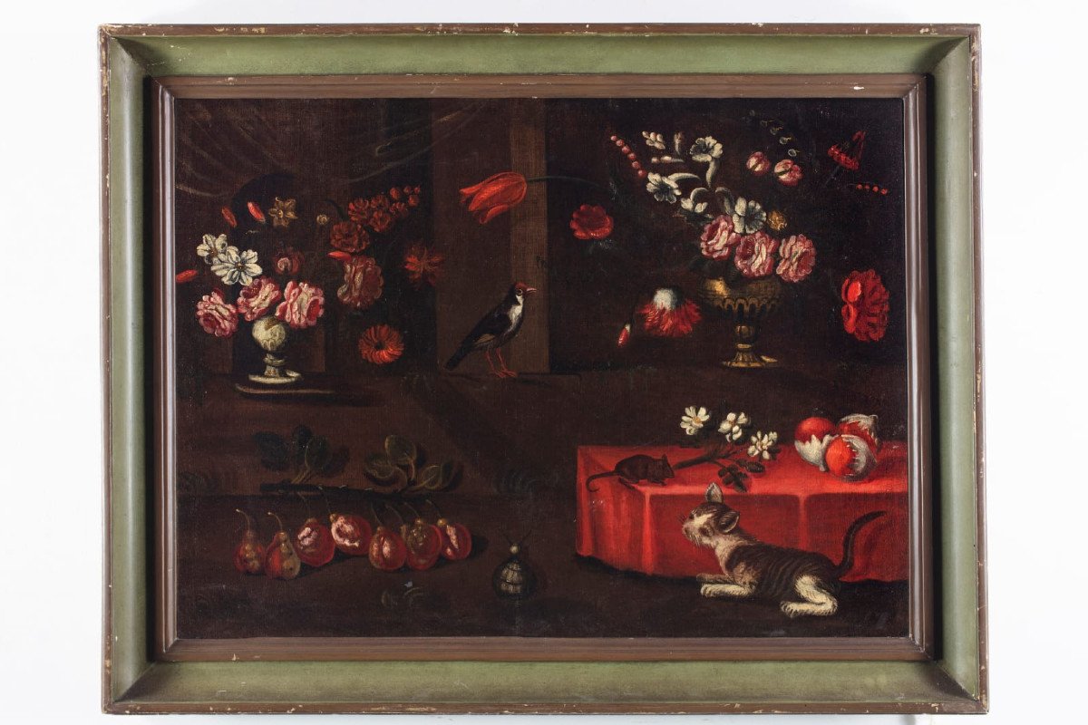 Still Life With Flowers And Fruit, Cat, Mouse And Bird