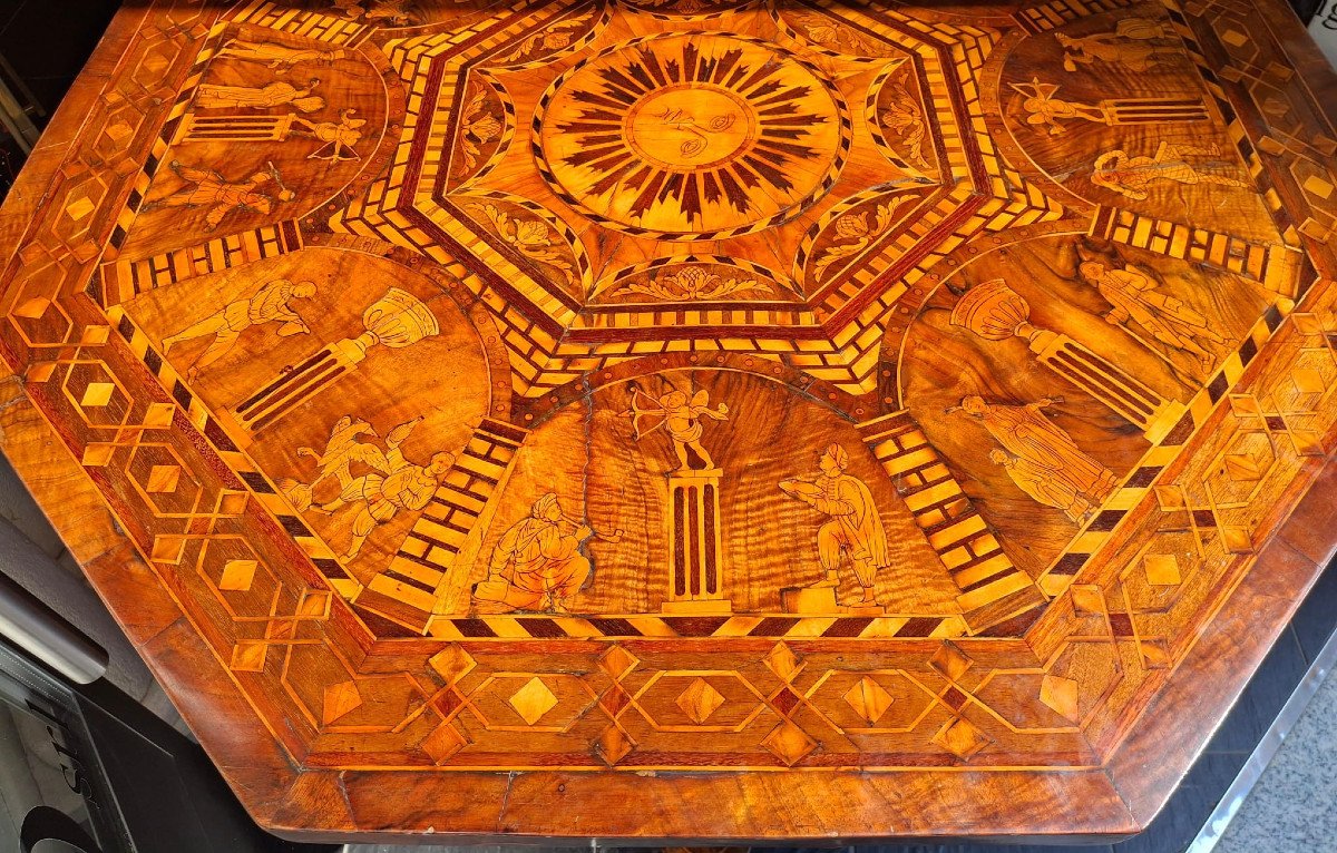 Octagonal Table In Inlaid, Veneered And Pyrographed Wood-photo-2