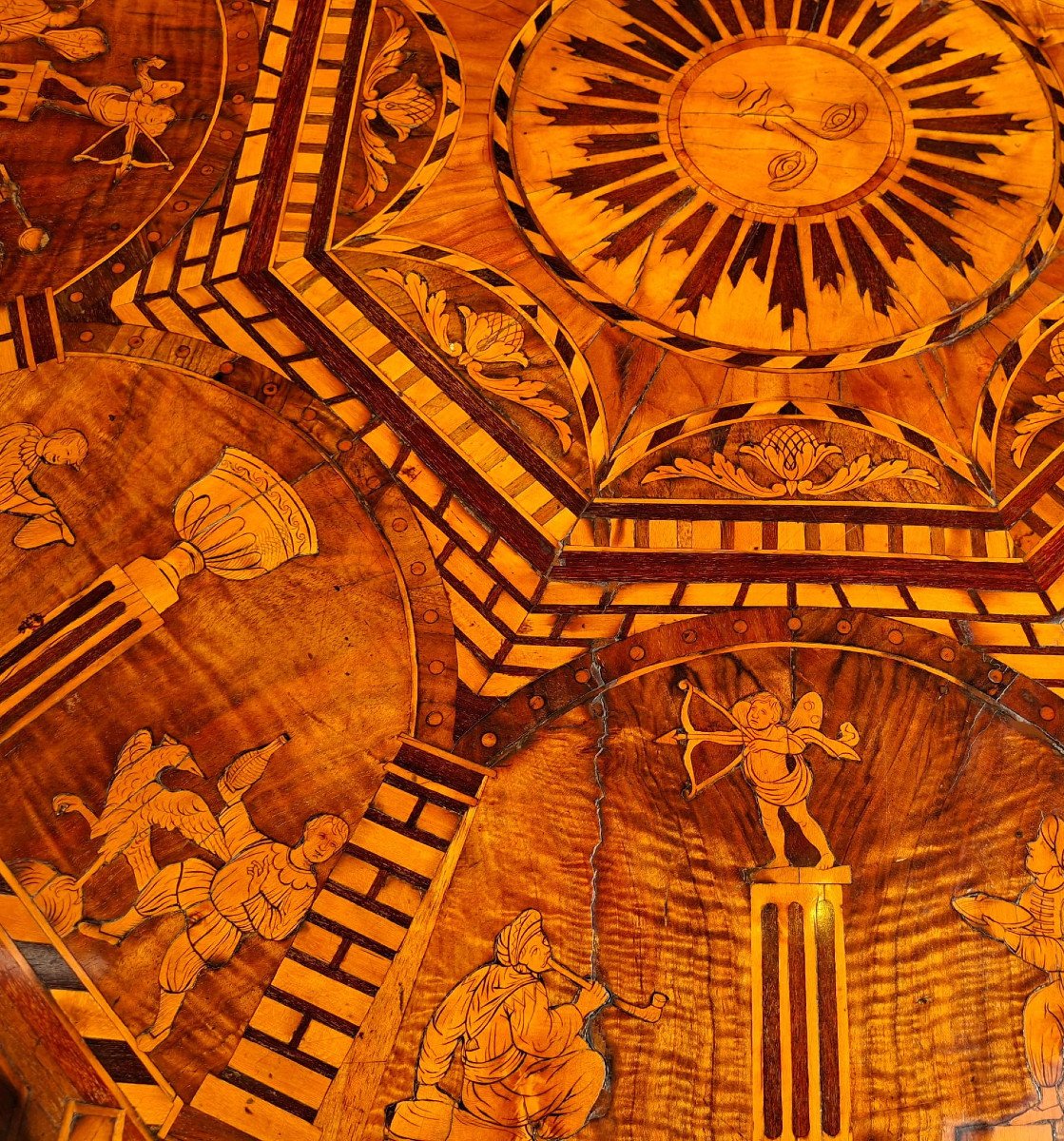 Octagonal Table In Inlaid, Veneered And Pyrographed Wood-photo-3