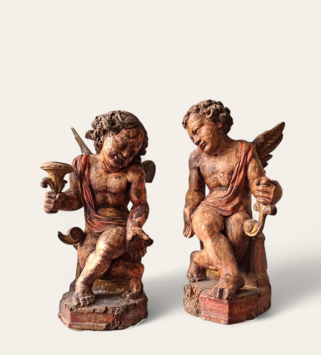 Pair Of Wooden Candle-holding Angels